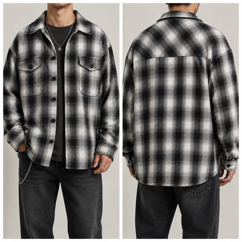 Lucky Brand Plaid Shirt Jacket Mens XL Black White Cotton Flannel Shacket Coat